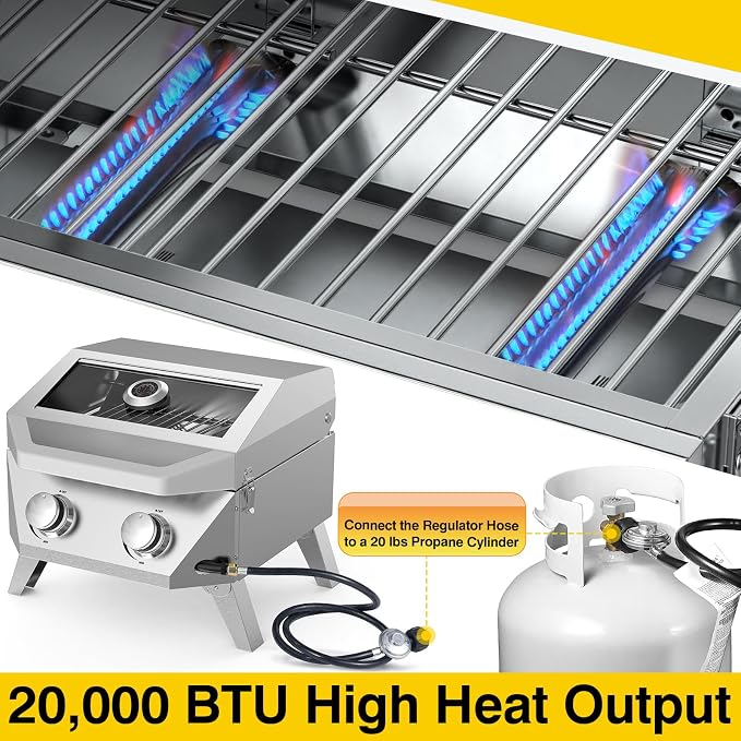 BESTFIRE 2-Burner Tabletop Propane Grill, 20000 BTU Stainless Steel Portable BBQ - Image 7