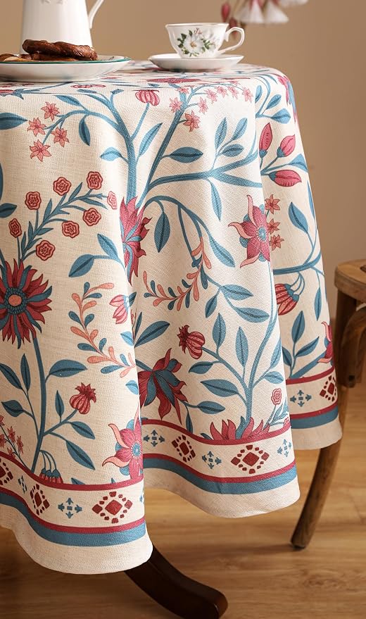 Designer Floral Linen Round Tablecloth, Vintage William Morris Wrinkle - Image 8