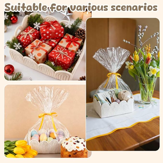 2 Pcs Small White Scalloped Wicker Hand-Woven Rattan Baskets - Image 4