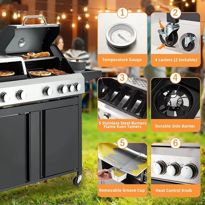MELLCOM 3 IN 1 Pizza Griddle Grill Combo, 000 BTU 5 Burner Stainless Steel - Image 8