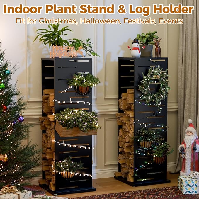 4ft Firewood Rack with Louver Pattern, Fire Wood Rack Log Holder with Hooks - Image 7