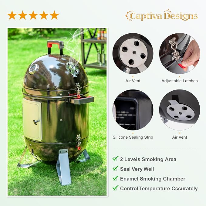 Captiva Designs 18-inch Vertical Charcoal Smoker Grill - Image 5
