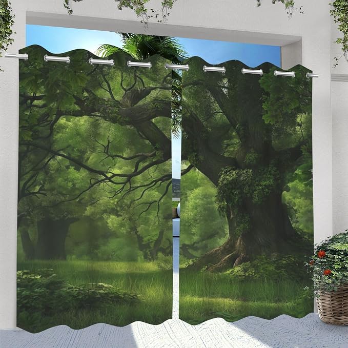 Nature Theme Outdoor Curtains for Patio Waterproof, Forest Pattern, Grommet - Image 2