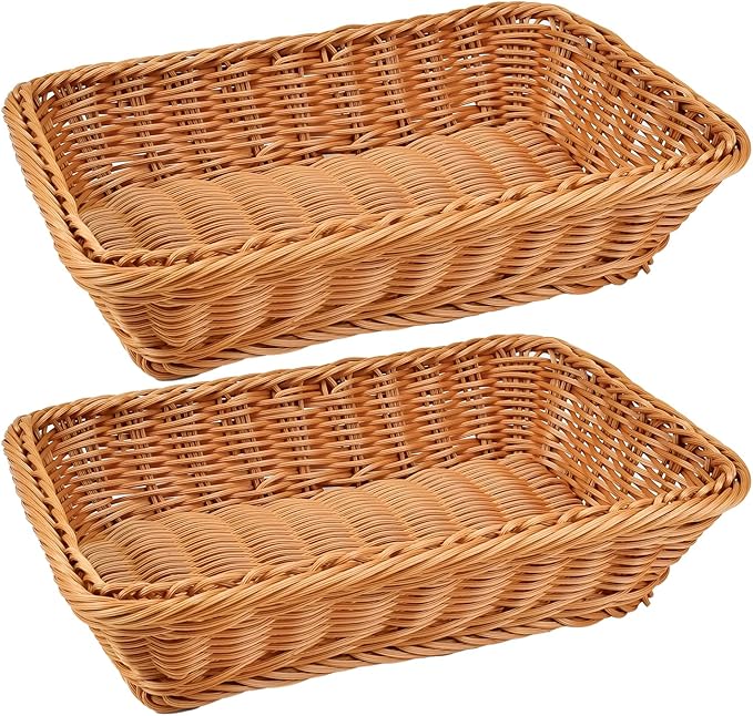 2 Pack 12" Rectangular Poly Wicker Bread Baskets, Durable Woven Serving Basket by Fulhdedi