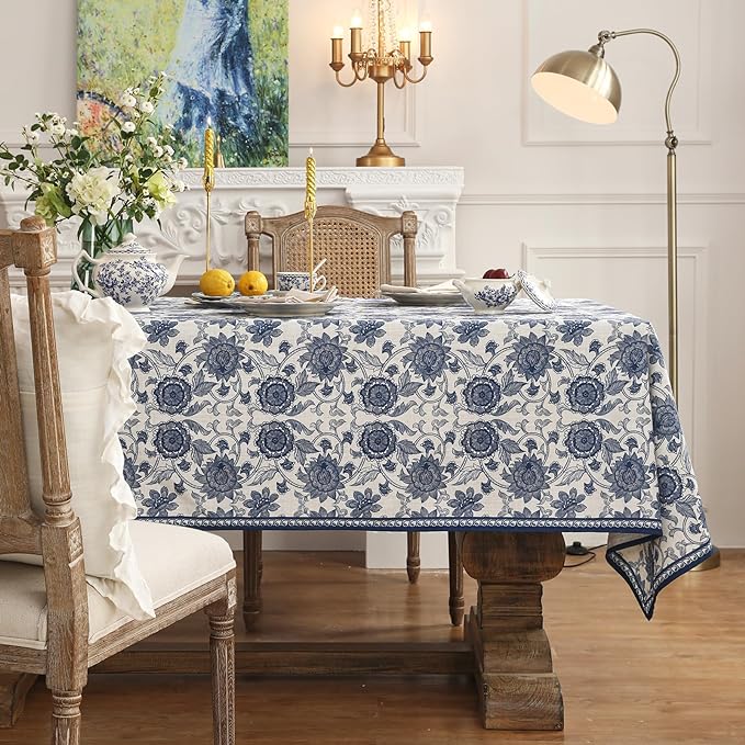patdrea Designer Vintage Blue Long Rectangle Tablecloth, Linen Anti-Wrinkle - Image 2