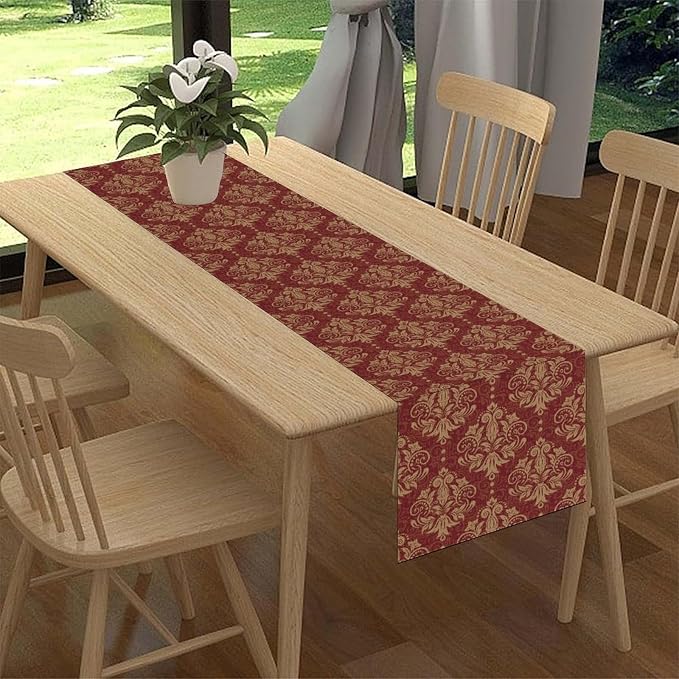 Red Damask Table Runner, Rustic Gothic Baroque Style Floral Boho Flower Antique - Image 2