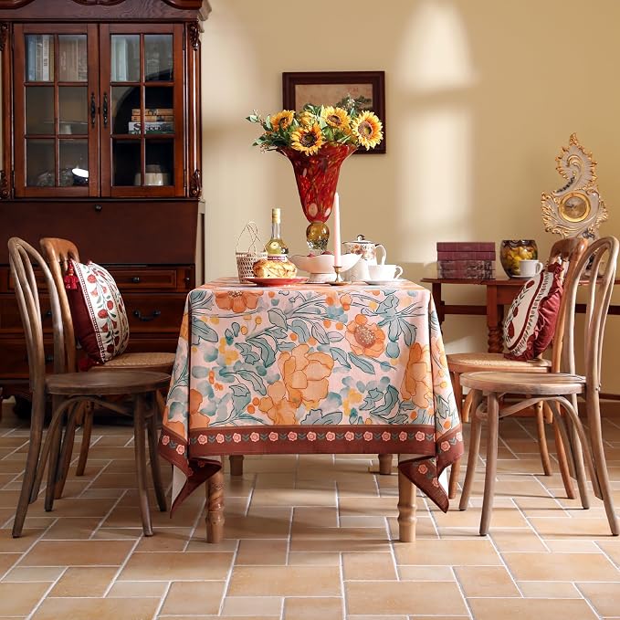 Vintage Linen Long Rectangle Tablecloth, Italian Orange Floral Soft and Wrinkle - Image 3