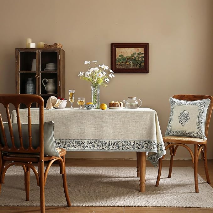 ISAENNE Designer Vintage Linen Elegant Square Table Cloth, Chinoiserie Floral - Image 2