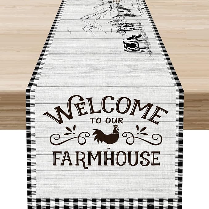 Farmhouse Rooster Table Runner, Rustic Farm Animals Cow Pig Chicken Coffee - Image 5