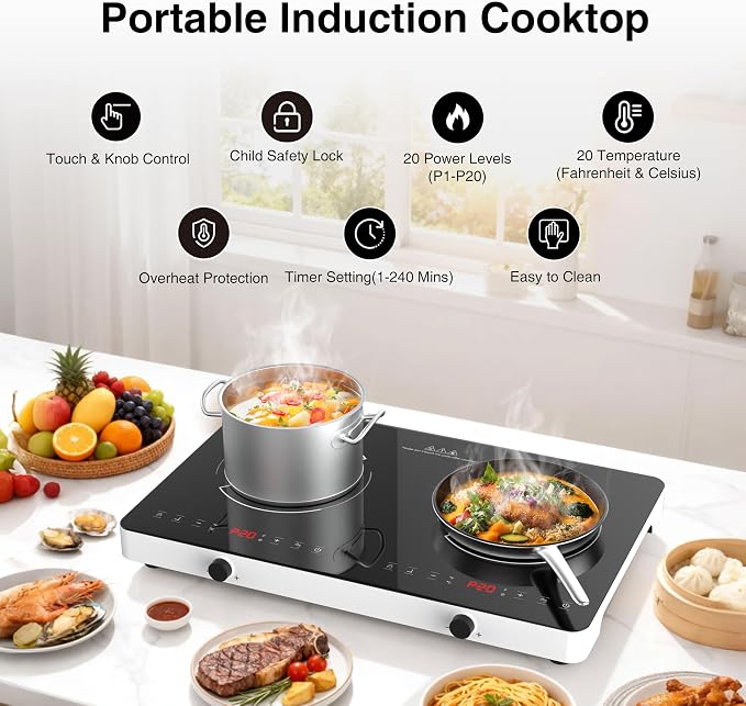 Double Induction Cooktop, 2 Burner Induction Burner 20 Temperature & Power - Image 2