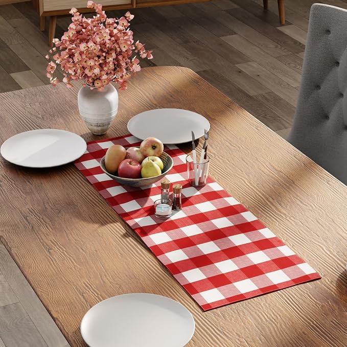 Encasa XO Cotton Dining Table Runner | Buffalo Red Checks | Size 13x36 in - Image 3