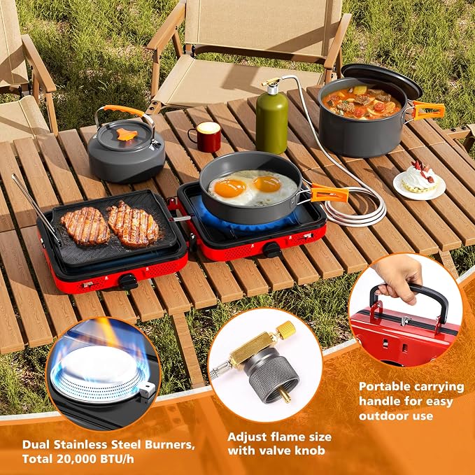 Hisencn Camping Stove, 2 Burner Propane Stove, 20000 BTU/h Camping Cooking set - Image 4
