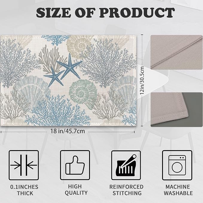 Coastal Beach Placemats Set of 6, Shell Starfish Coral Heat Resistant Table - Image 2