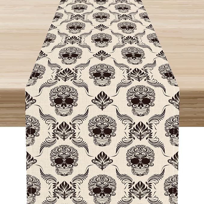 Gothic Table Runner, Retro Antique Damask Skull Pattern Classic Halloween Boho by Unknown