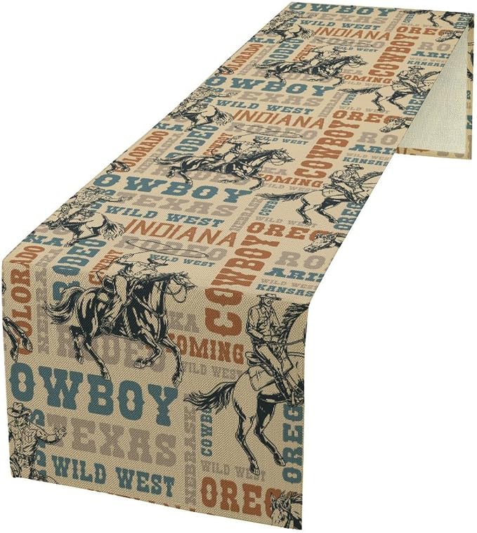 Western Cowboy Table Runner, Vintage Country American West Cowboy Riding Horse by Unknown