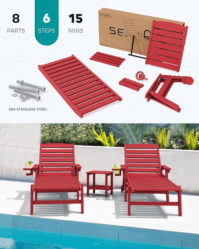SERWALL Patio Chaise Lounge Chair Set of 2, Poly Lounge Chair - Image 5