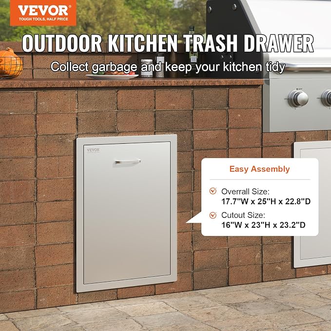 VEVOR Outdoor Kitchen Trash Drawer 17.7W x 25H x 22.8D Inch, Stainless Steel - Image 4