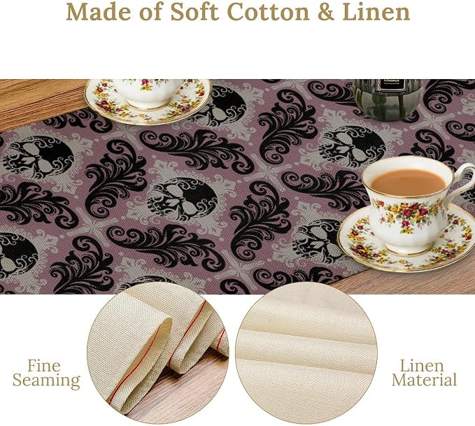 Goth Table Runner, Antique Gothic Damask Skull Baroque Style Floral Halloween - Image 6