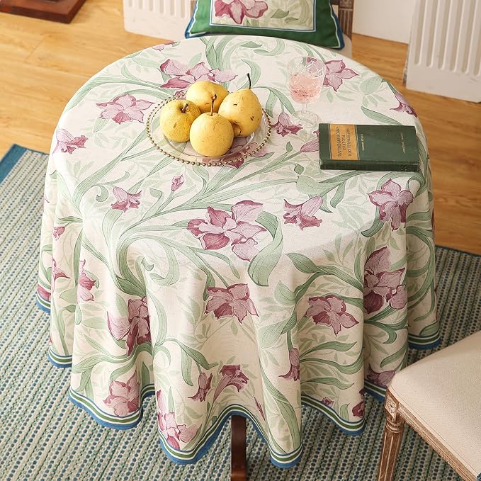 patdrea Designer Linen Small Green Roun Tablecloth, Violets Pattern Vintage - Image 7