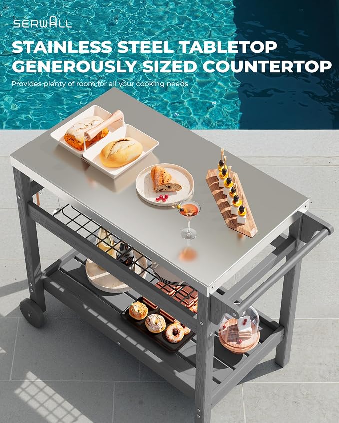 SERWALL Outdoor Grill Cart Pizza Oven Stand Trolley Table - Image 2