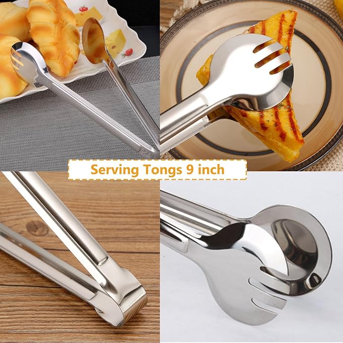 Serving Tongs 4-Pack, 9.5 Inch Stainless Steel in Silver