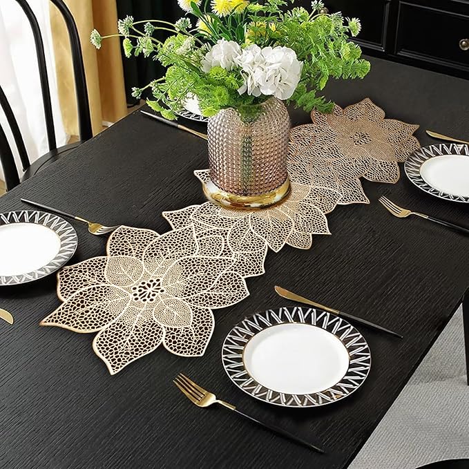 FAVE Gold Table Runners 36 Inches Heat Resistant Table Runner Flower Shaped by FAVE