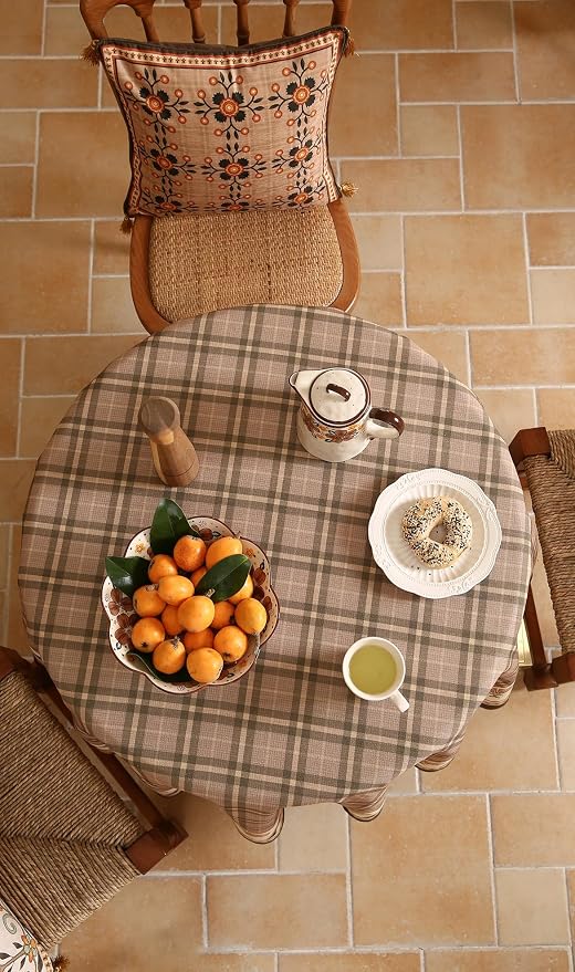 Vintage Brown Checkered Round Tablecloth, Italian Style Wrinkle Resistant Linen - Image 8