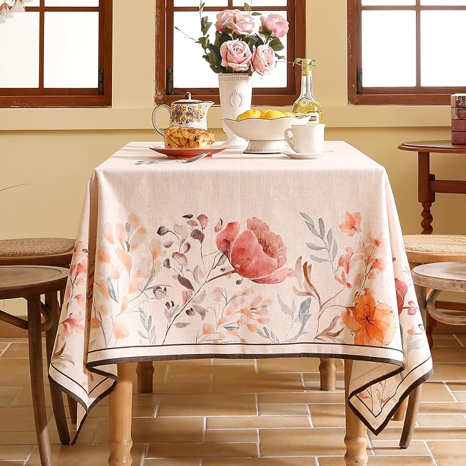 Linen Rectangle Tablecloth, French Vintage Pink Floral Pattern Wrinkle Free - Image 3