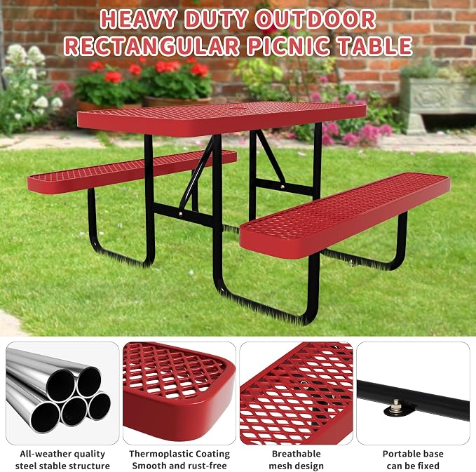 4FT Picnic Tables for Outdoors, Rectangular Commercial Metal Picnic Table Bench - Image 5