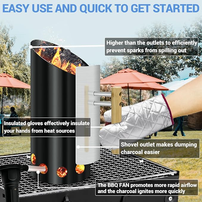 Charcoal Chimney Starter with Doubel Air Volume BBQ Fan and Insulation Gloves - Image 5