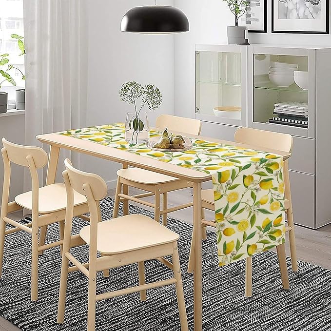 Lemon Table Runner, Summer Fruits Green Leaves Flower Plant Table Runner - Image 2