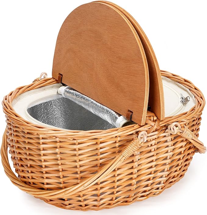 Wicker Picnic Basket with Cooler, Wooden Split Lid Picnic Basket, Vintage-Style - Image 3