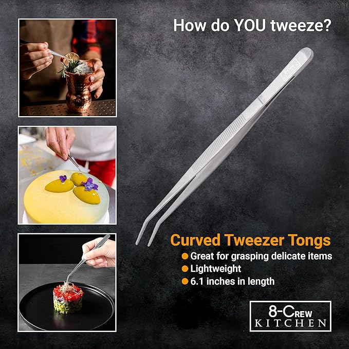 Stainless Steel Culinary Tweezers, 6-Inch Serrated Tips for Plating