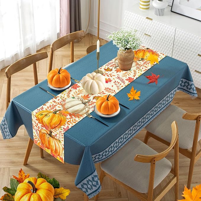 Pumpkin Fall Table Runner, Maple Leaf Autumn Thanksgiving Kitchen Table - Image 3