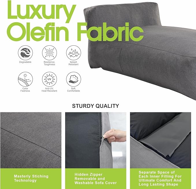 Bean Bag Lounger Chair, Oversized Olefin Patio Daybed, Charcoal Grey