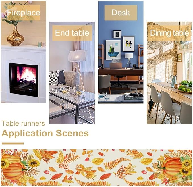 Fall Pumpkin Table Runner, Rustic Autumn Harvest Thanksgiving Sunflower Leaves - Image 4