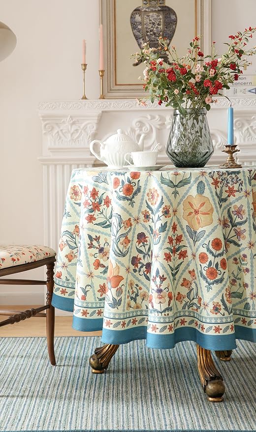 ISAENNE Designer Linen Elegant Small Round Tablecloth, Colorful Floral Bohemian - Image 8