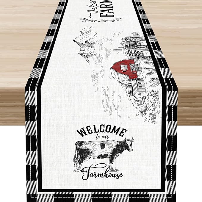 Farmhouse Table Runner, Rustic Country Barn Cottage Rooster Cow Check Animal by Unknown