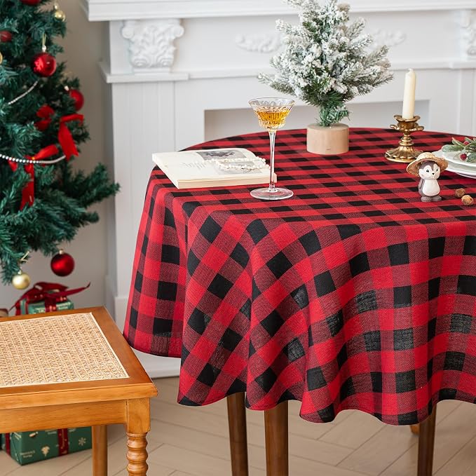 Christmas Gingham Tablecloth Heavy Duty Cotton Blend Red 60 inch Round - Image 5