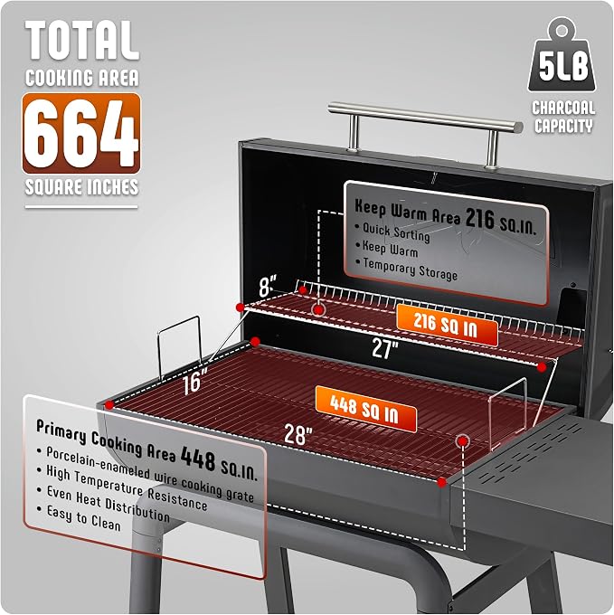 BBQ Charcoal Grill with Side Table, 30-In Heavy Duty Outdoor BBQ Grill with 647 - Image 3