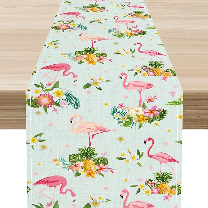 Tropical Flamingo Table Runner, Spring Summer Floral Dots Pineapples Hawaiian by Unknown