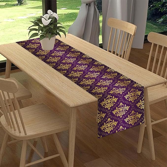 Vintage Table Runner, Retro Antique Gothic Purple Damask Floral Flower Pattern - Image 2