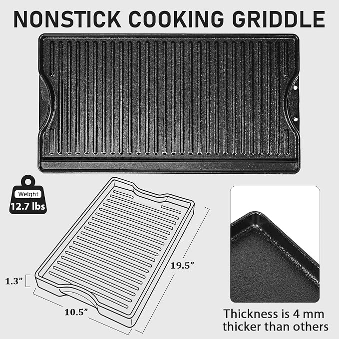 Utheer Nonstick Reversible Cast Iron Griddle 19.5"x 10.5", Ceramic Cooking - Image 2