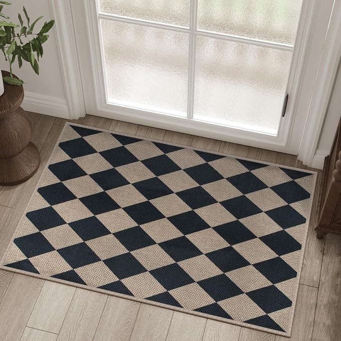 Easy Jute Checkered Entryway Rug, 2x3 Black Modern Indoor Outdoor Doormat by Rugalia