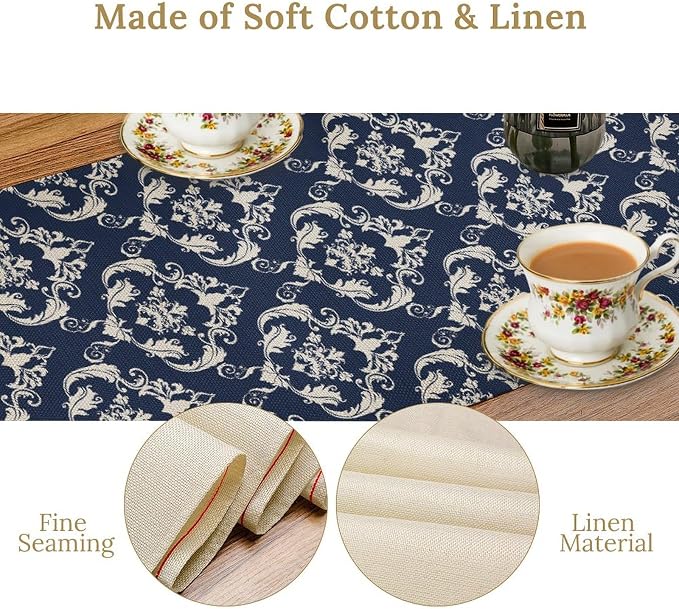 Blue Damask Table Runner, Rustic Gothic Baroque Style Floral Bohemian Boho - Image 6