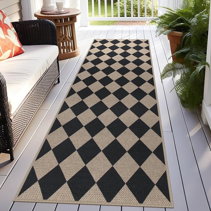 Easy Jute Checkered Runner Rug, 2.6x8 Black Modern Washable Rugs Runner - Image 7