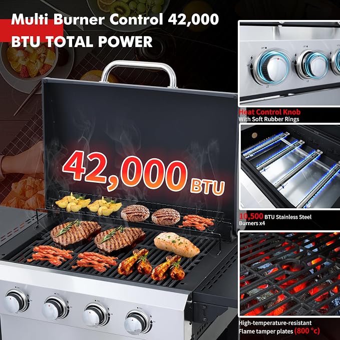 CIG GARDEN 4 Burner Propane Gas Grill, 000 BTU Output Flat Top BBQ Grill - Image 4