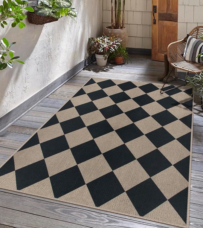 Easy Jute Checkered Area Rug, 3x5 Indoor Outdoor Door Mat Washable Black Modern - Image 6