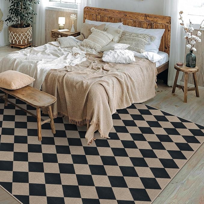 Easy Jute Black Checkered 8x10 Area Rug, Washable Modern Outdoor Rug - Image 7