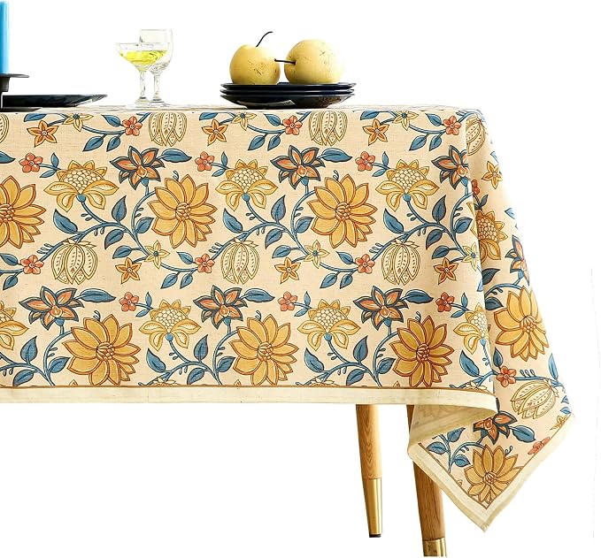 ISAENNE Designer Bohemian Floral Long Rectangle Table Cloth, Linen Colorful by Isaennehomedecoration